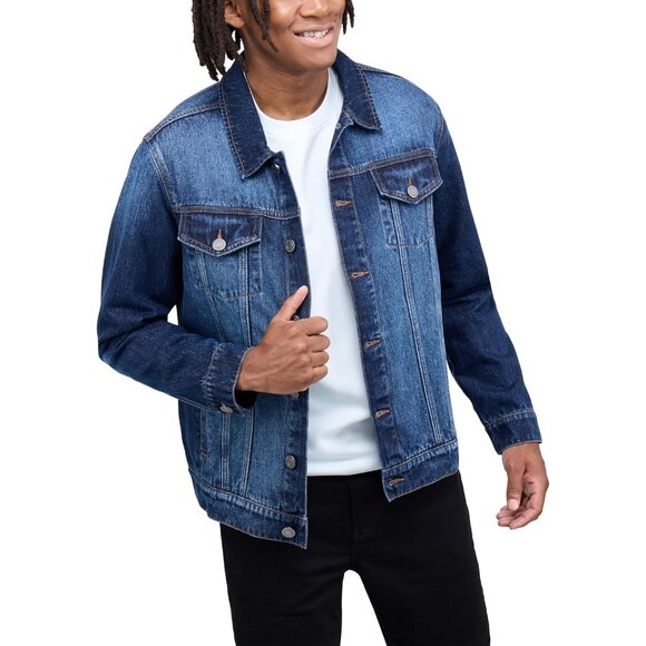 Mens Blue Denim Jacket Washed Ripped Distressed Stretch Casual Trucker - Picture 6 of 9